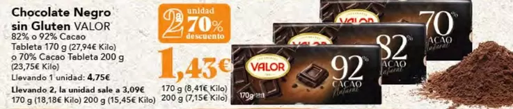 Oferta de Valor - Chocolate Negro Sin Gluten por 2,09€ en Gadis