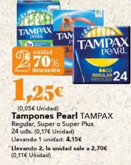 Oferta de Tampax - Tampones Pearl por 1,25€ en Gadis