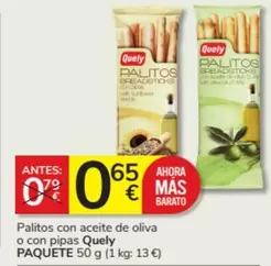 Oferta de Quely - Palitos Con Aceite De Oliva O Con Pipas por 0,65€ en Consum