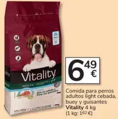 Oferta de Vitality - Comida Para Perros Adultos Light Cebada, Buey Y Guisantes por 6,49€ en Consum