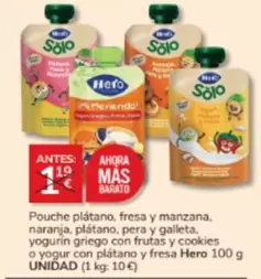 Oferta de Solo - Pouche Platano, Fresa Y Manzana, Naranja, Platano, Pera Y Galleta, Yogurin Griego Con Frutas Y Cookies O Yogur Puro Y Fresa por 1€ en Consum