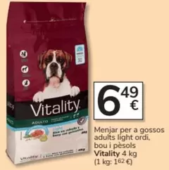 Oferta de Vitality - Menjar Per A Gossos Adults Light Ordi, Bou I Pesols por 6,49€ en Consum