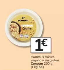 Oferta de Consum - Hummus Clasico Vegano Y Sin Gluten por 1€ en Consum