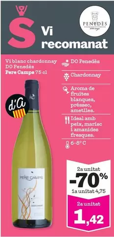 Oferta de Pere Camps - Vi Blanc De Bardonnay DO Penedes por 4,75€ en Sorli