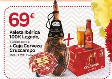 Oferta de Cruzcampo - Paleta Iberica 100% Legado + Caja Cerveza por 69€ en Supermercados El Jamón