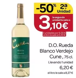 Oferta de Rueda - D.O. Rueda Blanco Verdejo Cune por 6,2€ en Supermercados El Jamón