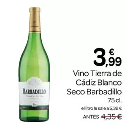 Oferta de Barbadillo - Vino Tierra De Cadiz Blanco Seco por 3,99€ en Supermercados El Jamón