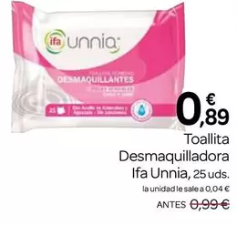 Oferta de Ifa unnia - Toallita Desmaquilladora por 0,89€ en Supermercados El Jamón