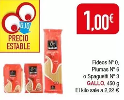 Oferta de Gallo - Fideos N 0, Plumas N 6 O Spaguetti N 3 por 1€ en Masymas