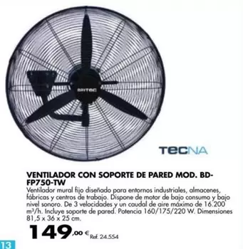 Oferta de Ventilador Con Soporte De Pared Mod. Bd- Fp750-tw por 149€ en Coferdroza