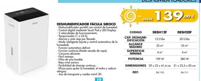 Oferta de Siroco - Deshumidificador Fqacula por 139€ en Coferdroza