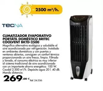 Oferta de Britec - Climatizador Evaporarivo Portatil Domestico  Coolvent BKTD-2500 por 269€ en Coferdroza