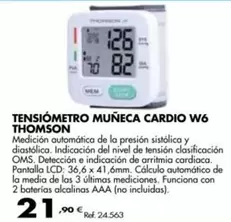 Oferta de Thomson - Tensiómetro Muñeca Cardio W6 por 21,9€ en Coferdroza