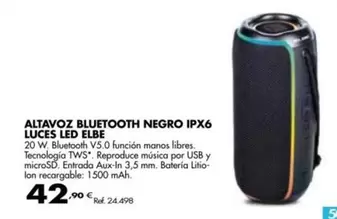 Oferta de Elbe - Altavoz Bluetooth Negro Ipx6 Luces Led por 42,9€ en Coferdroza