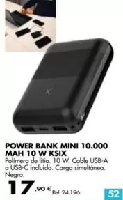 Oferta de Ksix - Power Bank Mini 10.000 Mah 10 W  por 17,9€ en Coferdroza