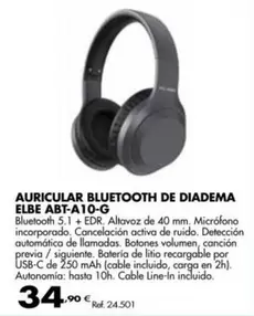 Oferta de Auricular Bluetooth De Diadema Elbe Abt-a10-g por 34,9€ en Coferdroza