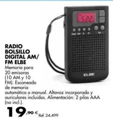 Oferta de Elbe - Radio Bolsillo Digital Am/ Fm por 19,9€ en Coferdroza