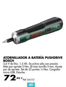 Oferta de Bosch - Atornillador A Batería Pushddrive por 72,95€ en Coferdroza