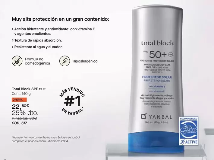 Oferta de Yanbal -  Total Block Spf 50+ por 22,5€ en Yanbal