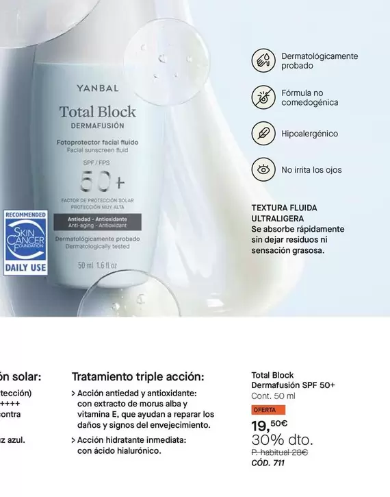 Oferta de Yanbal -  Total Block Dermafusion Spf 50+ por 19,5€ en Yanbal