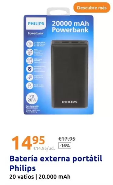 Oferta de Philips - Bateria Externa Portátil por 14,95€ en Action