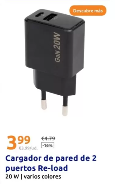 Oferta de Re-Load - Cargador De Pared De 2 Puertos  por 3,99€ en Action