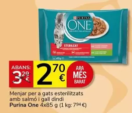 Oferta de Purina One - Menjar Per A Gats Esterilitzats Amb Salmó I Gall Dindi  por 2,7€ en Supermercados Charter