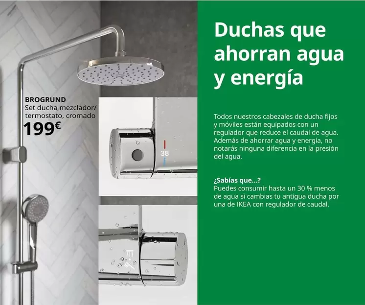 Oferta de Brogrund - Set Ducha Mezclador/Termostato, Cromado por 199€ en IKEA