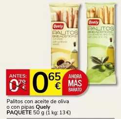 Oferta de Quely - Palitos Con Aceite De Oliva O Con Pipas por 0,65€ en Supermercados Charter