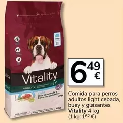 Oferta de Vitality - Comida Para Perros Adultos Light Cebada, Buey Y Guisantes por 6,49€ en Supermercados Charter