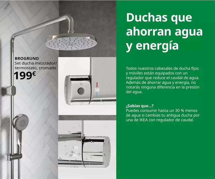 Oferta de Brogrund - Set Ducha Mezclador/Termostato, Cromado por 199€ en IKEA