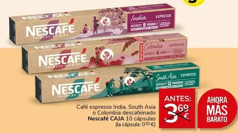 Oferta de Nescafé - Cafe Espresso India, South Asia O Colombia Descafeinado por 3,49€ en Supermercados Charter