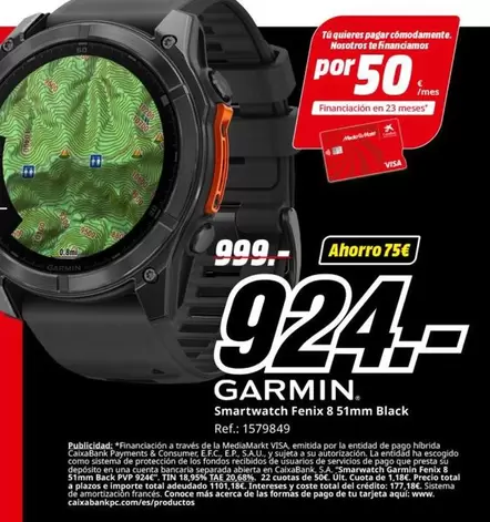 Oferta de Garmin - Smartwatch Fenix 8 5 Mm Black por 924€ en MediaMarkt