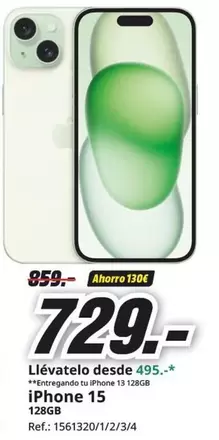 Oferta de Llévatelo Desde Iphone 15 por 729€ en MediaMarkt