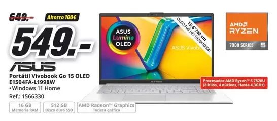 Oferta de Asus - Portátil Vivobook Go 15 Oled E1504fa1-19994 por 549€ en MediaMarkt