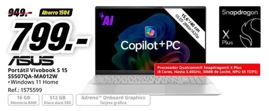 Oferta de Asus - Portátil Vivobook + Ss570qa-md210w por 799€ en MediaMarkt