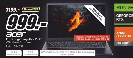 Oferta de Acer - Portátil Gaming Anv15-41 por 999€ en MediaMarkt