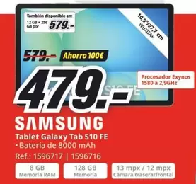 Oferta de Samsung - Tablet Galaxy Tab S10 Fe por 479€ en MediaMarkt