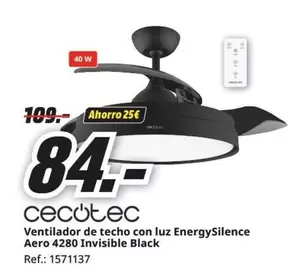 Oferta de Cecotec - Ventilador De Techo Con Luz EnergySilence Aero 4280 Invisible Black por 84€ en MediaMarkt