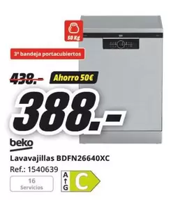 Oferta de Beko - Lavavajillas BDFN26640XC por 388€ en MediaMarkt