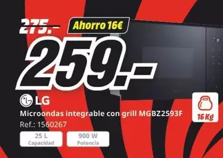 Oferta de LG - Microondas Integrable Con Grill MGB72593F por 259€ en MediaMarkt