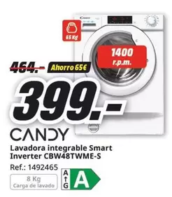 Oferta de Candy - Lavadora Integrable Smart Inverter CBW48TWMME-S por 399€ en MediaMarkt