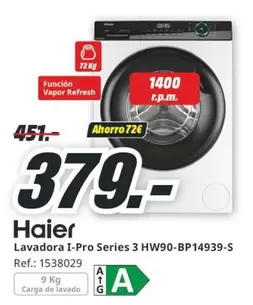 Oferta de Haier - Lavadora I-pro Series 3 HW90-BP14939-S por 379€ en MediaMarkt