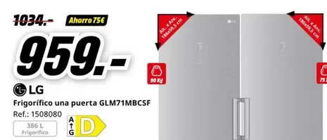 Oferta de LG - Frigorifico Una Puerta GLM71MBCSF por 959€ en MediaMarkt