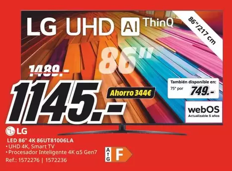 Oferta de LG - Led 86" 4k 86tu81006la por 1145€ en MediaMarkt