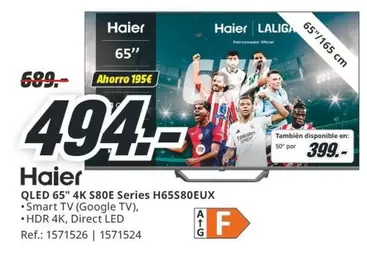 Oferta de Haier - Qled 65" 4k S80e Series H65S80EUX por 494€ en MediaMarkt