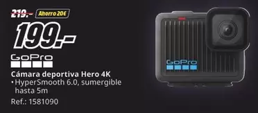 Oferta de GoPro - Cámara Deportiva Hero 4k por 199€ en MediaMarkt