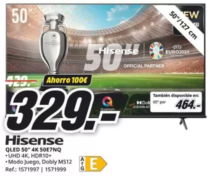 Oferta de Hisense - QLED 50" 4K 50E7Q por 329€ en MediaMarkt