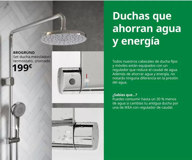 Oferta de Brogrund - Set Ducha Mezclador/Termostato, Cromado por 199€ en IKEA