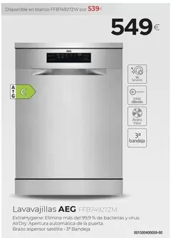 Oferta de AEG - Lavavajillas FFB74927ZW  por 549€ en Tien 21